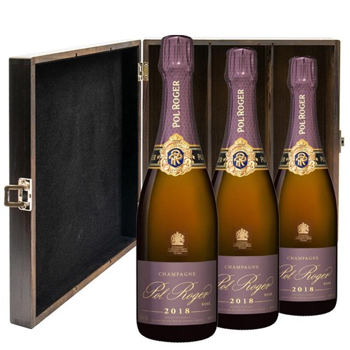 Pol Roger Rose 2018 Vintage Champagne 75cl Treble Elm Wood Gift Boxed Champagne (3x75cl)